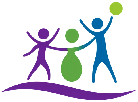 CYD logo: three joyful figures holding hands above a purple wave, one reaching for a lime-green ball
