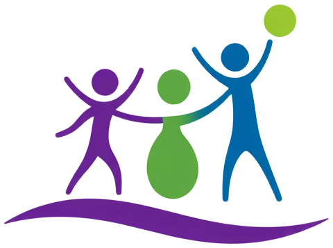 CYD logo: three joyful figures holding hands above a purple wave, one reaching for a lime-green ball